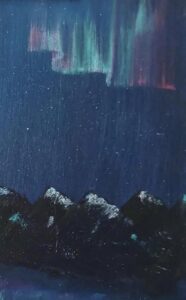 Acrylbild, oben Nordlichter, dunkelblauer Himmel, unten schwarze, mit weissem Schnee bedeckte Berge